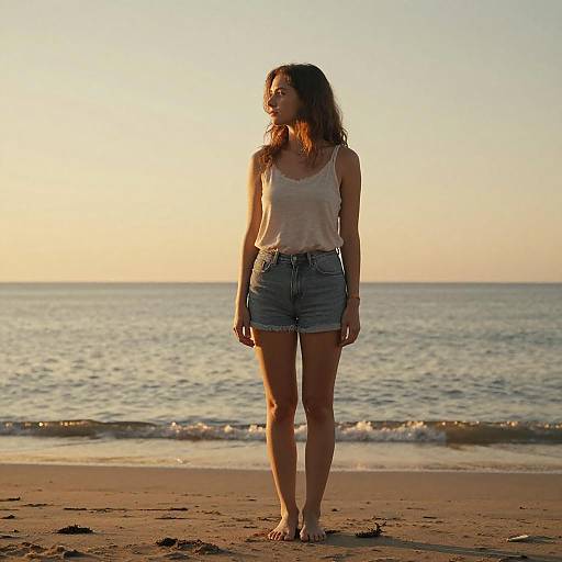 Contemplative Woman Standing on Beach at Sunset