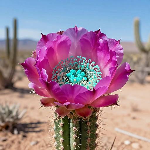 Photograph of a vibrant, pink desert cactus flower with turquoise stamens, set against a blurred desert landscape with cacti and blue sky