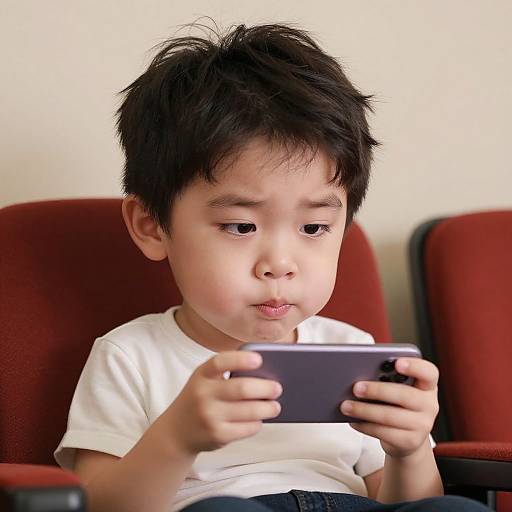 Photograph of a young Asian boy with short black hair, wearing a white t-shirt, intently looking at a black smartphone while seated on a red