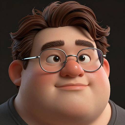 CGI close-up of a chubby man with fair skin, brown wavy hair, and round glasses, smiling slightly against a black background.