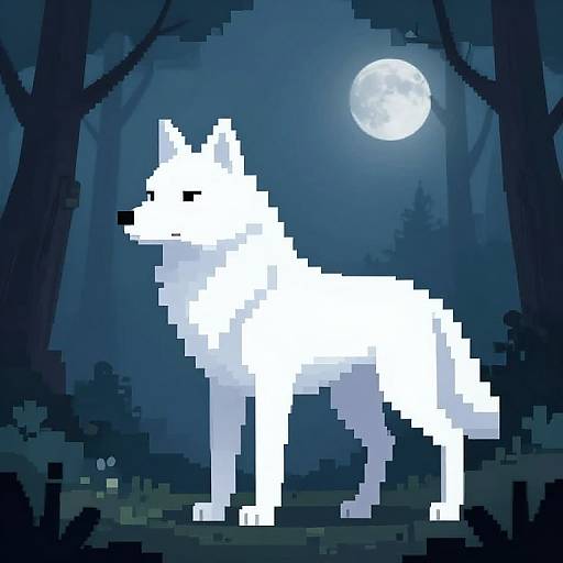 Pixel art of a white wolf standing in a dark, moonlit forest with tall trees and a full moon in the background.