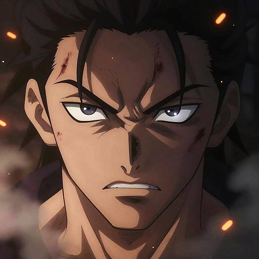 Digital anime-style close-up of a muscular, dark-haired man with intense blue eyes, scars on his face, and a determined expression, surrounded by glowing