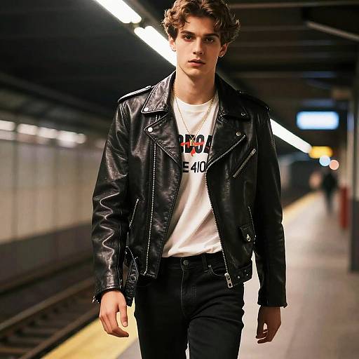 Fashionable Young Man in Leather Jacket on Subway Platform