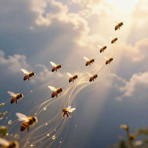 Photograph of a swarm of honeybees with translucent wings, flying upwards towards a bright, sunlit sky with scattered clouds. Dewdrops trail behind