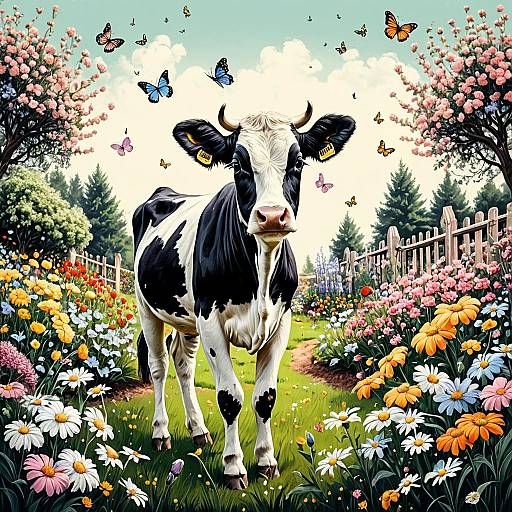 Calf in Flower Garden with Butterflies