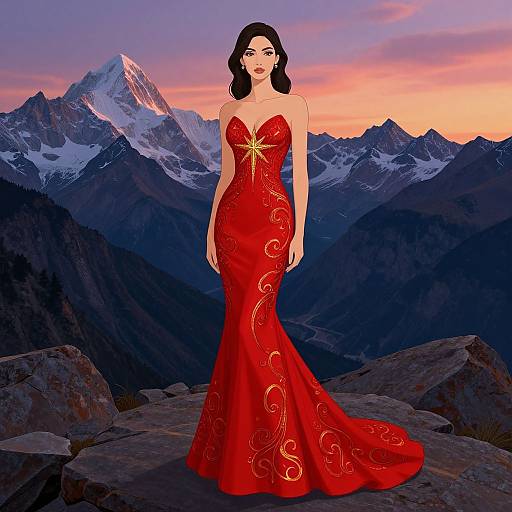 Elegant Woman in Ruby Gown at Sunset