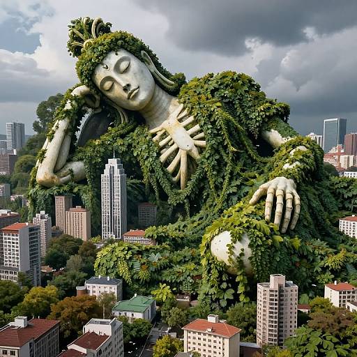 Photorealistic digital artwork of a giant, green-leafed Buddha statue with serene expression, reclining among city skyscrapers under a cloudy sky