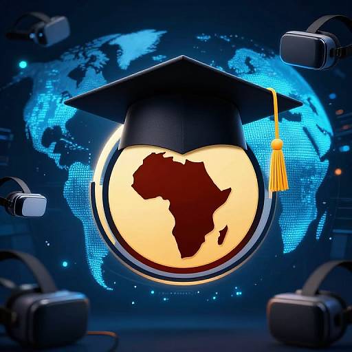 Digital illustration of a black graduation cap with yellow tassel over a glowing Earth, highlighting Africa, surrounded by blue world map and VR headsets.