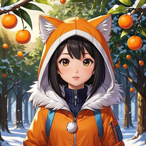 Anime-style digital art: Cute young woman with black hair, large brown eyes, orange cat-eared hood jacket, snowy citrus orchard background.
