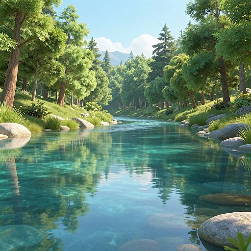 Photorealistic digital image of a serene forest stream with clear, reflective blue water, surrounded by lush green trees, rocks, and grass. Bright sunlight