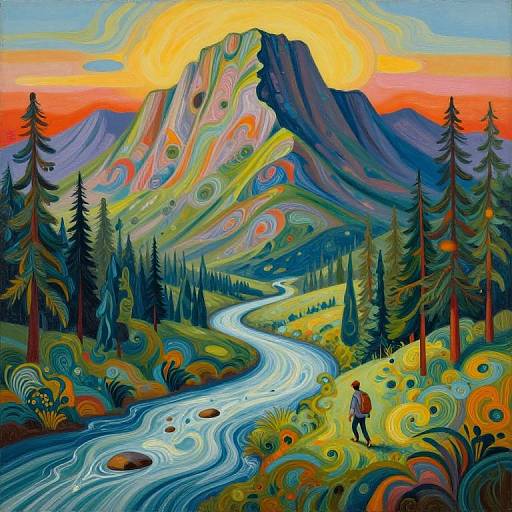 Vibrant, swirling landscape painting of a winding river, mountain, and sunset, with a hiker in red jacket on the right.