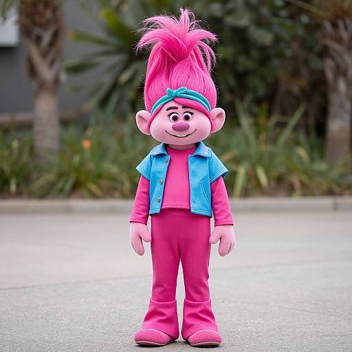 Photograph of a colorful, cartoonish monkey mascot with bright pink hair, blue vest, pink shirt, and pants, standing outdoors on a wet pavement