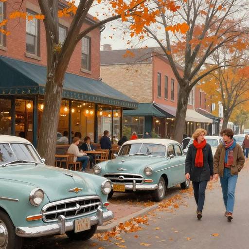 Photograph of a quaint autumn street with vintage blue cars, orange-leaved trees, and pedestrians in coats and scarves, outside a cozy café.