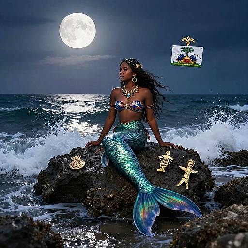 Photograph of a dark-skinned mermaid with a blue-green tail, seashell bra, and hair ornaments, sitting on a rocky shore at