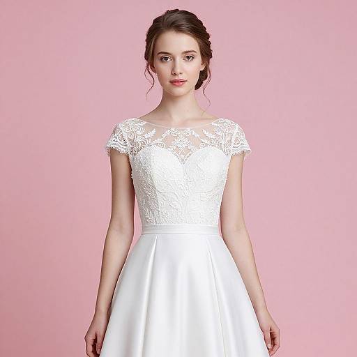 Photograph of a young woman with fair skin and dark brown hair in an updo, wearing a white lace bodice wedding dress with a flared