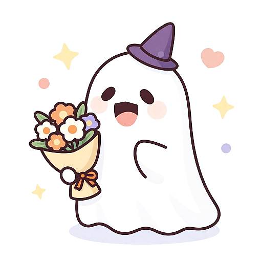 Playful Pastel Ghost Holding Flower Bouquet