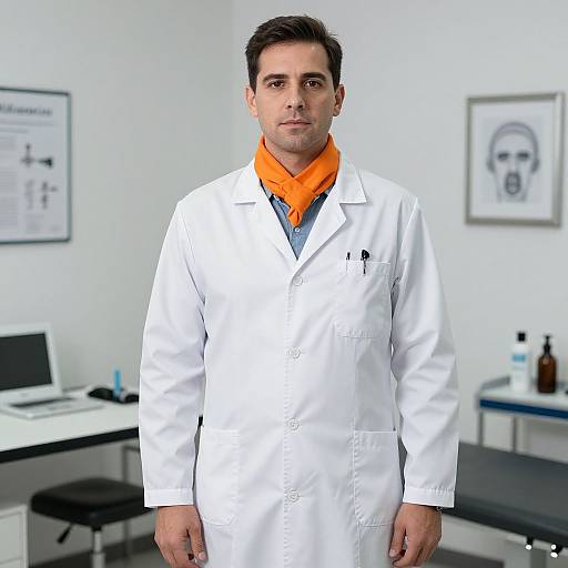 Photograph of a middle-aged man with short dark hair, wearing a white lab coat, orange scarf, and blue shirt, standing in a modern,