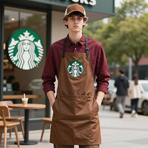 Young Man in Starbucks Costume Outdoors