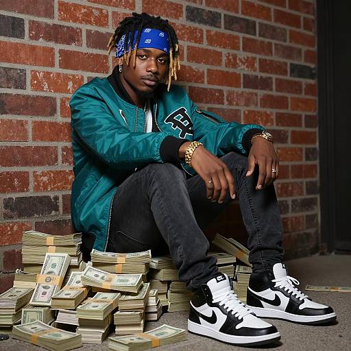 Young Man Sitting with Stacks of Money