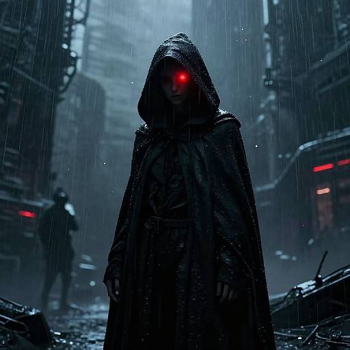 Neon-Eyed Figure in Cyberpunk Rain