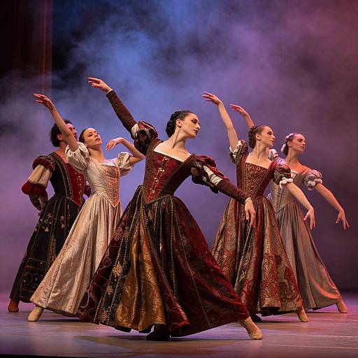 Photograph of five ballerinas in elaborately embroidered Renaissance-style dresses, gracefully dancing in a dramatic, smoky purple and blue stage light.