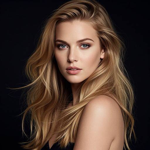 Photograph of a fair-skinned, blue-eyed, blonde woman with wavy hair, gazing directly at the camera against a black background.