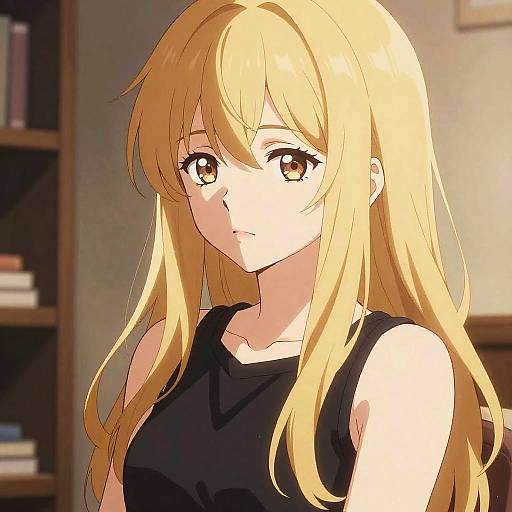 Anime-style digital drawing of a blonde woman with long hair, amber eyes, wearing a black sleeveless top, in a softly lit room.