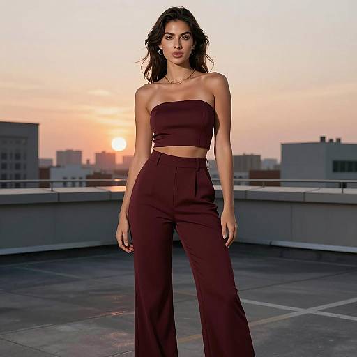 Confident Woman in Maroon Outfit on Rooftop at Sunset