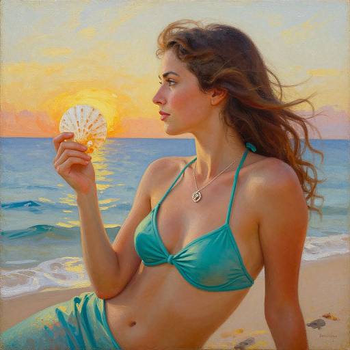 Digital painting of a young woman in a teal bikini holding a seashell, sitting on a beach at sunset, wearing a necklace.