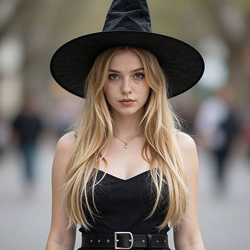 Photograph of a blonde woman with fair skin, wearing a black witch hat and strapless black dress, standing in a blurred urban background. She has