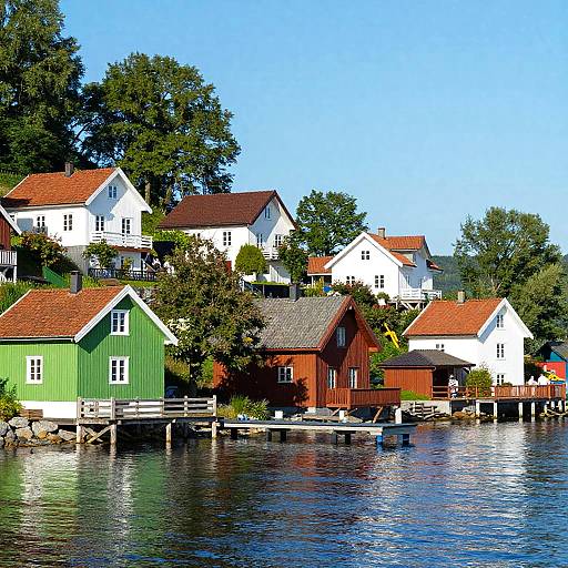 Photograph of colorful, wooden houses with red roofs, green, white, and brown walls, overlooking a calm, reflective lake, surrounded by lush trees