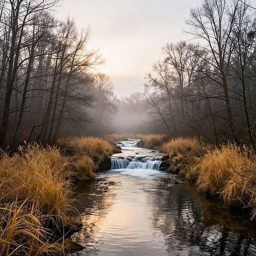 Photograph of a serene, misty forest stream with golden reeds, cascading waterfall, and leafless trees under a bright, foggy sunrise