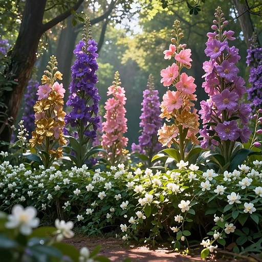 Photograph of a sunlit forest garden with tall, vibrant purple, pink, and yellow flowers, surrounded by white blossoms and lush greenery.
