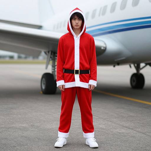 Photograph of an Asian man in a red Santa outfit with white trim, standing in front of a parked airplane on a tarmac.