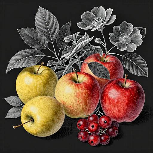 Digital still life of vibrant red and yellow apples, red cherries, and detailed white flowers and leaves on a black background.
