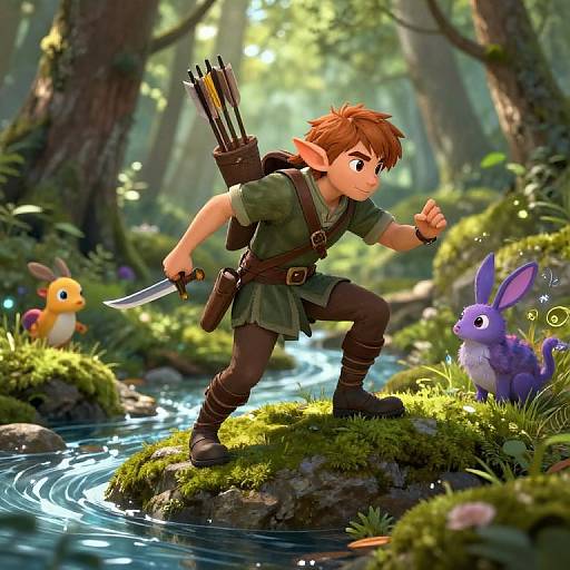 CGI fantasy scene: Energetic elf with brown hair, green tunic, and quiver, crouches by a stream, holding knife