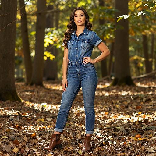 Photograph of a confident woman with long brown hair, wearing a blue denim jumpsuit and brown boots, standing in a sunlit autumn forest with scattered