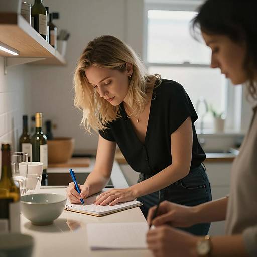 Blonde Woman Writing in Cozy Kitchen