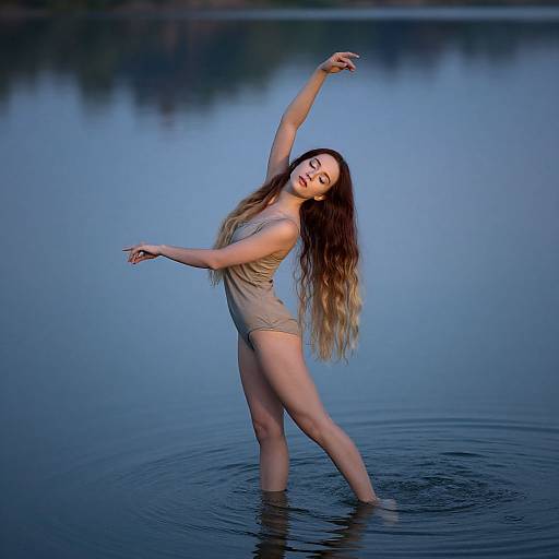 Photograph of a long-haired woman in beige one-piece swimsuit, dancing gracefully in calm blue lake water, arms raised, smiling.