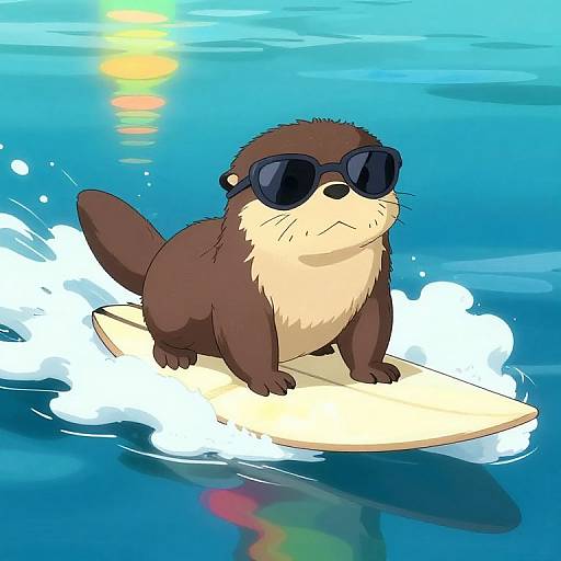 Cartoon otter with brown fur, black sunglasses, and a cream chest, surfing on a white board in bright blue ocean, sun shining.
