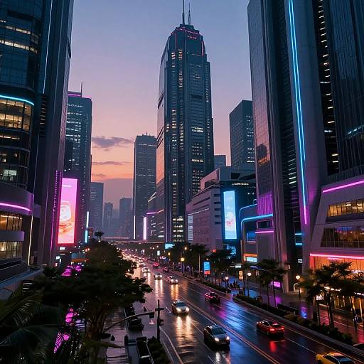 Neon-lit, futuristic cityscape photograph at dusk featuring tall skyscrapers with glowing signs, wet street reflecting lights, and bustling traffic.