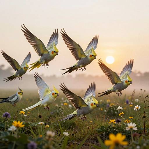 Cockatiels in Pastel Dawn Flight