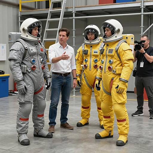 Group of People in Sci-Fi Space Suits with Instructor