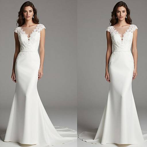 Photograph of a brunette woman with wavy hair, wearing a white, lace-embellished, mermaid-style wedding dress with cap sleeves,