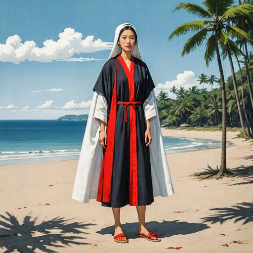 Asian Woman in Nun Outfit on Tropical Beach
