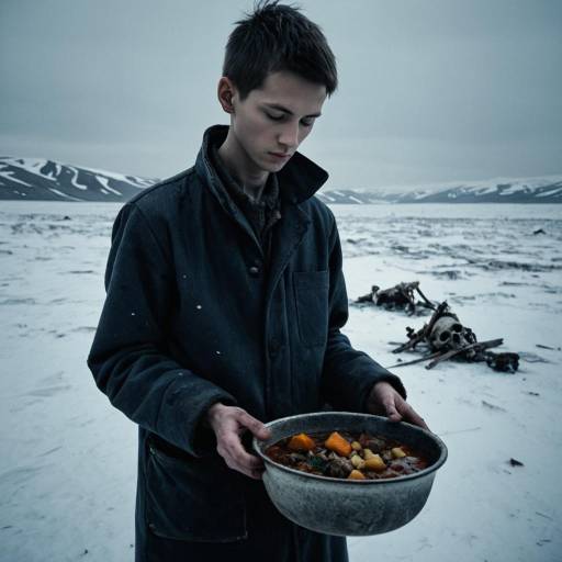 Young Man Holding Bowl of Stew in Frozen Tundra