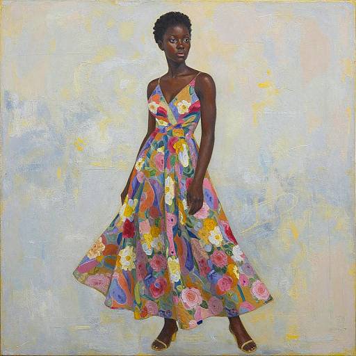 Photorealistic painting of a dark-skinned woman in a vibrant, floral, V-neck dress with a flowing skirt, standing against a textured, light