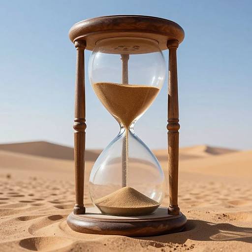 Photograph of a wooden hourglass on sandy desert ground, with clear blue sky, showing sand flowing from top to bottom.