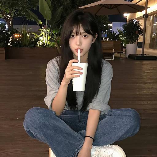 Asian Woman Drinking from Paper Cup Outdoors