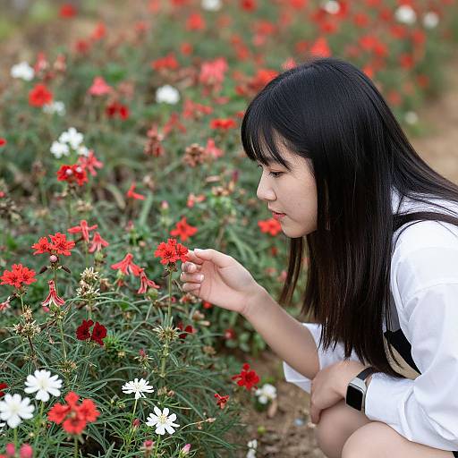 Asian woman with black hair in white blouse, crouches to smell vibrant red and white flowers in a garden. Photograph.
